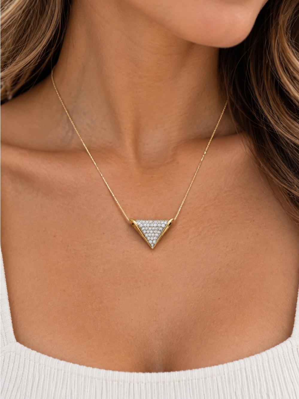 Vintage 925 Sterling Silver Gold Tone Pavé CZ Triangle Pendant Statement Jewelry